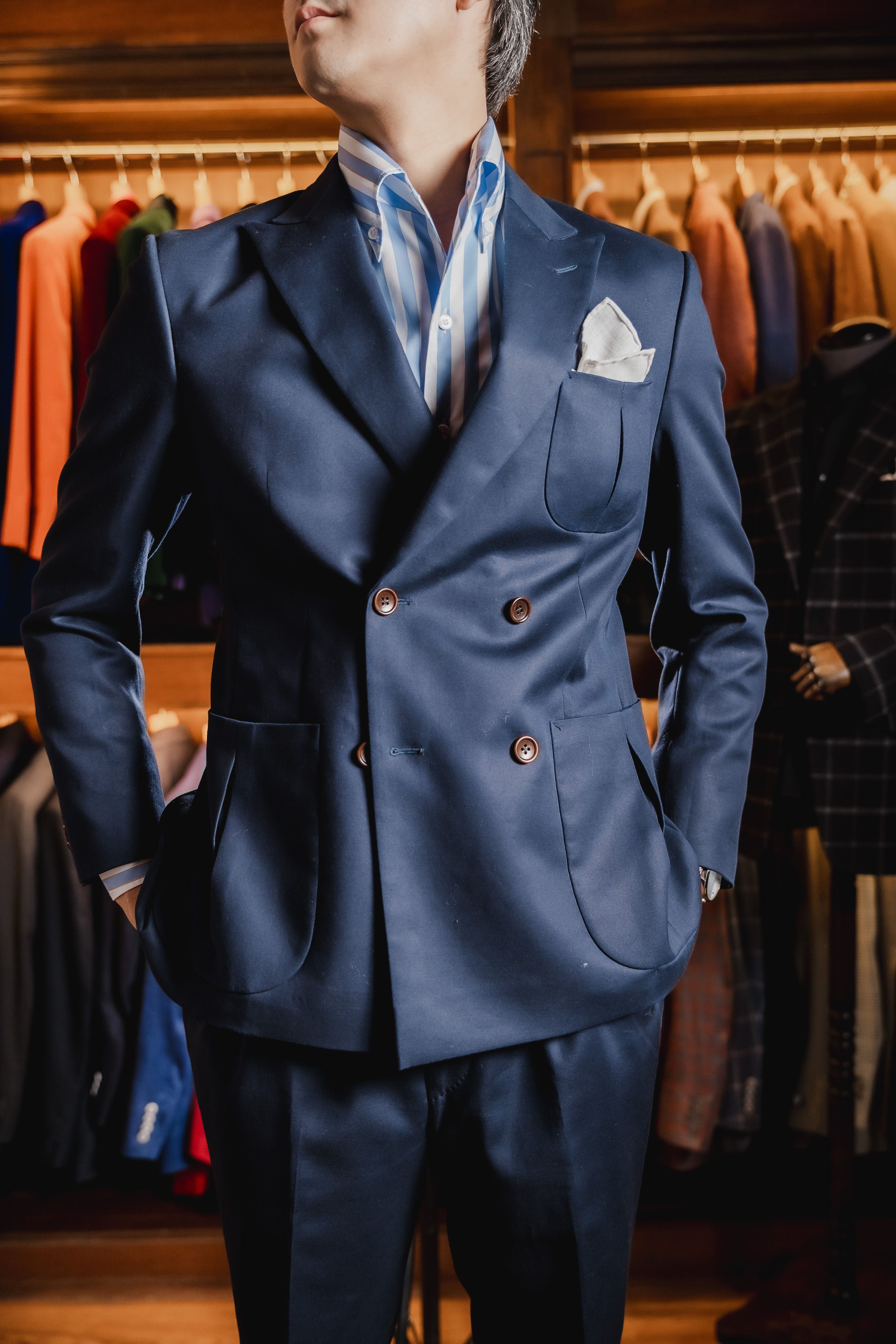 Navy blazer buttons and pocket square