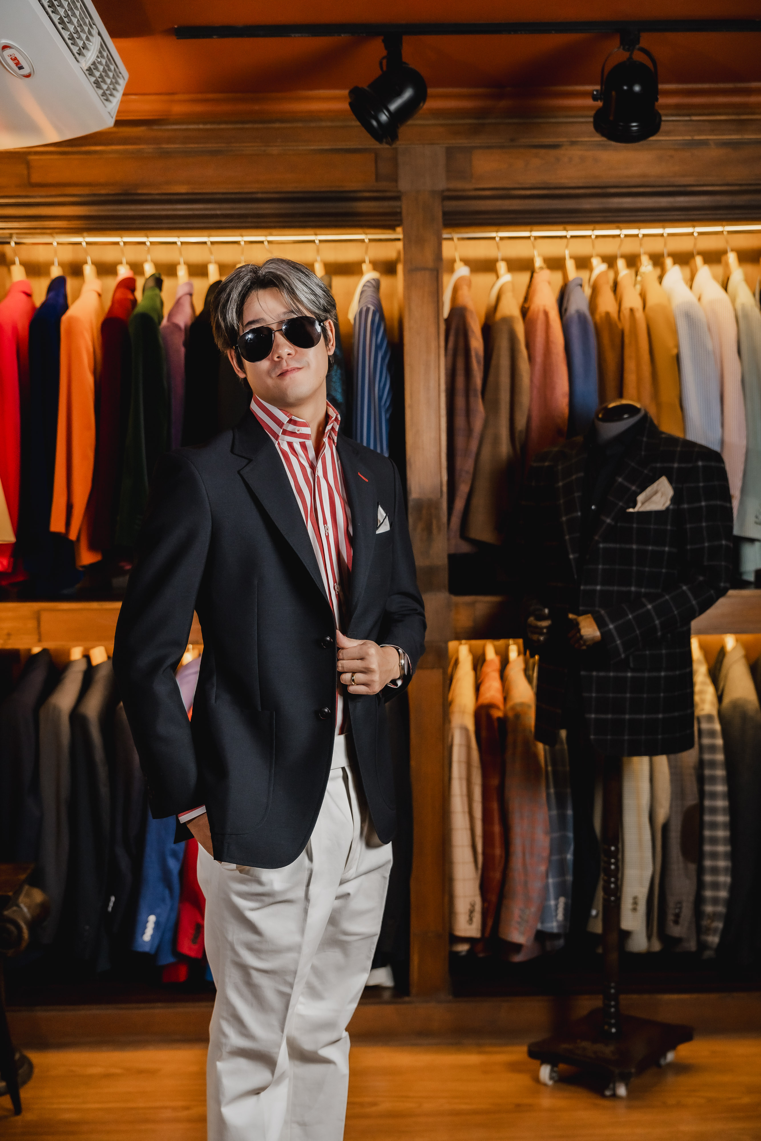 Black blazer with red stripe shirt